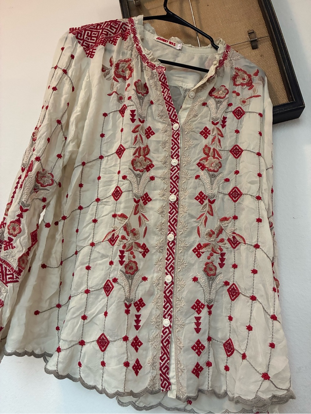 Johnny Was Cream Button-Down Blouse with Red Embroidery P2P -25” - Picture 2 of 4